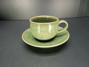 翠青瓷コーヒー碗皿　圓田拓男作　美術年鑑掲載作家　カップ　ソーサー　コーヒー碗　陶芸作家　有田焼　手作り　やきもの　焼物　陶器 