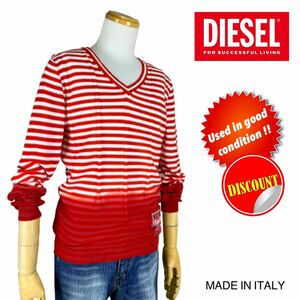 【DIESEL美品★送料込み即決価格!!】グラデーションボーダー ダメージ加工 100%Cotton ケーブル編み Ｖネック ロングスリーブ サマーニット