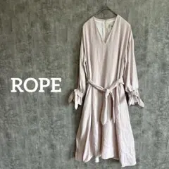 ROPE ロングワンピース 膝下 ウエスト 袖 リボン 大人可愛い 薄ピンク S