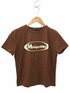 ザラ ZARA クルーネック 半袖 プリント Tシャツ カットソー M BROWN ブラウン レディース