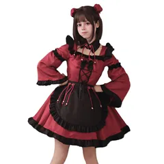 L [RPFLQ] メイド服 胸空き 喫茶店 ハロウィン コスプレ 仮装 レッド 赤 チャイナドレス ワンピース ロリータ 長袖 日常 舞台衣装 萌え レディース 蝶結ぶ 衣装 かわいい 大人用 ニーハイソックス付き 5点セット (L)