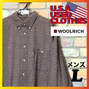 ME5-372★USA直輸入★良品 正規品【WOOLRICH ウールリッチ】タブ付き 長袖 ライトネルシャツ【メンズ L】オレンジ ブラウン コットンシャツ