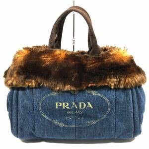 【プラダ】基準内 PRADA カナパ トートバッグ フェイクファー×デニム CANAPA ハンドバッグ 三角ロゴプレート 女性用 レディース 伊製