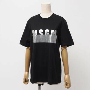 TI0297☆イタリア製 エムエスジーエム MSGM メタリック ロゴプリント Tシャツ カットソー 半袖 クルーネック コットン 黒×シルバー XS