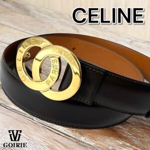 【レア品/美品】 CELINE セリーヌ ベルト サークルロゴ ゴールド金具 茶 箱付き サイズ 85 ウエスト83.5～88.5㎝ カーフレザー イタリア製