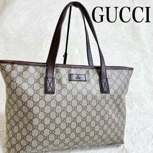 美品 GUCCI グッチ GGスプリーム トートバッグ ショルダーバッグ PVC ハンドバッグ レザー