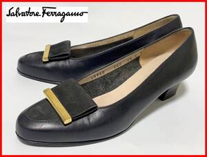 即決 Salvatore Ferragamo フェラガモ 5.5≒22.5cm パンプス 黒 ブラック レザー レディース D1