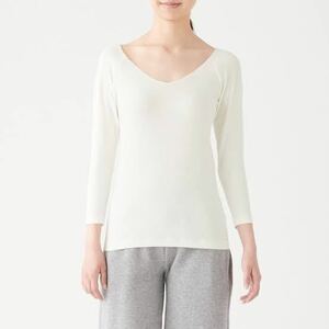 【新品】 無印良品 MUJI 綿であったかＶネック八分袖Ｔシャツ　婦人Ｍ・オフ白 /2020.01//99.79.69/