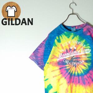 【GILDAN ビッグロゴTシャツ L タイダイ柄 カラフル 海外古着 A740