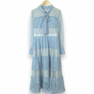 美品 21AW JILLSTUART ジルスチュアート Endy ROBE 花柄レース切替 長袖 ひざ下丈 フレア カトレアワンピース サイズ0 ライトブルー