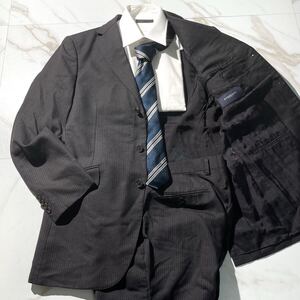 極美品 Lサイズ BURBERRY LONDON バーバリーロンドン スーツ セットアップ ストライプ チャコールグレー ウール メンズ 紳士服 秋冬