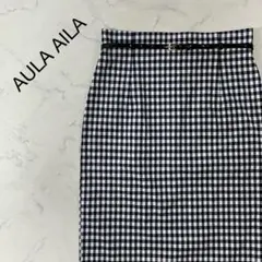 美品 AULA AILA 日本製 チェック ジップ タイト ひざ丈 スカート 1
