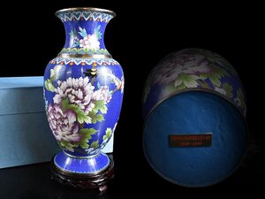 【雲】某コレクター買取品 名品 青釉花鳥絵付有線七宝花瓶 高さ43cm 台付 箱付 古美術品(花器花入飾壺)AJ682 DThomj5