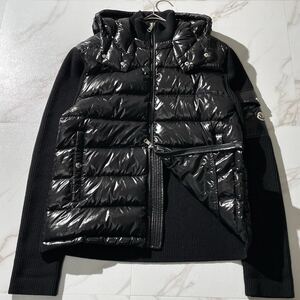 未使用級/奇跡のXXL●MONCLER モンクレール【ニット切替 ロゴワッペン 肩収納ポケット】ダウンジャケット ブルゾン セーター 黒 ブラック