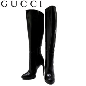 25万新品訳有◆37=23.5cm程度◆GUCCI グッチ メタルロゴプレート付き12cmピンヒール レザーロングブーツ黒 1円