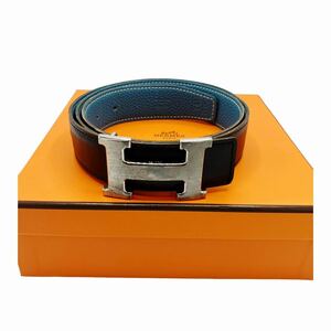 【良品】エルメス HERMES コンスタンス 90 Hベルト レザー ブラック ブルージーン シルバーバックル メンズベルト