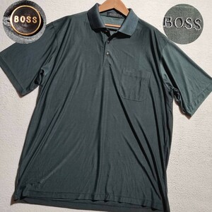 美品 希少XXL! シルク100% ヒューゴボス HUGO BOSS ポロシャツ 半袖 金ボタン 絹 黒緑系 メンズ 大きいサイズ 着心地◎ 春夏 爽やか ゴルフ