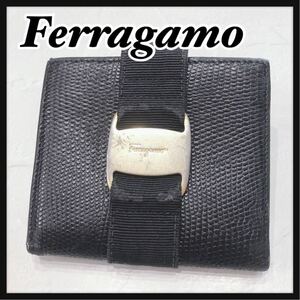 ☆Ferragamo☆ フェラガモ 二つ折り財布 折り財布 財布 ウォレット ブラック レザー ヴァラリボン ゴールド金具 レディース 送料無料