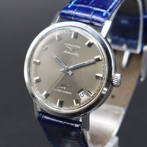 LONGINES ULTRA-CHRON Automatic ロンジン ウルトラクロン 自動巻き グレー 変わり位置デイト スイス 新品革ベルト アンティーク メンズ