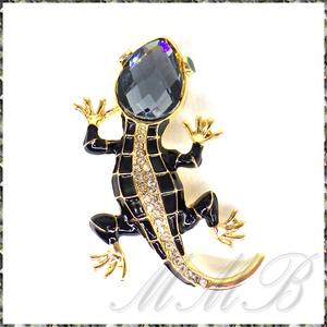 [BROOCH] Gold Enamel Lizard ペア シェィプ クリスタル ヘッド ブラック エナメル ゴールド トカゲ (レオパ イモリ ヤモリ) 5cm ブローチ