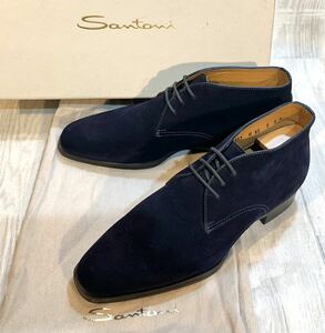 Santoni サントーニ◆25cm 6.5◆ITALY製◆チャッカブーツ プレーントゥ 革靴 スエードレザー 本革 ビジネスシューズ ドレス 靴 メンズ 紺