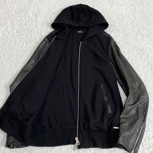 希少XL◎!極美品!ディーゼル DIESEL パーカー ブルゾン アウター ラムレザー切り替え 羊革 ストレッチ 伸縮 ジップ メンズ ブラック 黒 LL