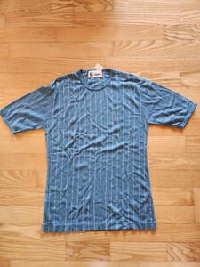 レトロ　1980年代製 送料込■薄手ストライプ　半袖Tシャツ　SPORTS WEAR サックス