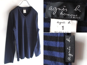 ネコポス対応 agnes b. homme アニエスベーオム ピッチ切替 Vネック ボーダーカットソー 長袖Tシャツ 1 パープル ブラック ポルトガル製