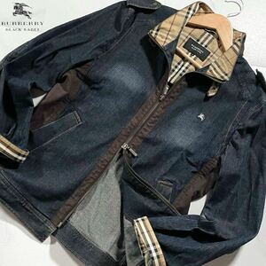 人気モデル●バーバリーブラックレーベル デニムジャケット Gジャン BURBERRY BLACK LABEL ストレッチ ライダース ホースロゴ ノバチェック