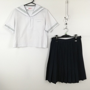 1円 セーラー服 スカート 上下2点セット カンコー 夏物 緑3本線 女子 学生服 京都女子中学 白 制服 中古 ランクC EY8488