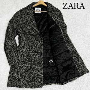 希少/XL相当●ザラ ZARA チェスターコート ロング アウター シ裏地 中綿 キルティング メンズ ビジネス ツイード シングル 極暖 グレー