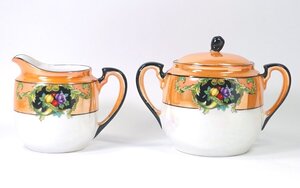 ∇花∇【オールドノリタケ/Noritake】 1918年頃 ラスターウェア オレンジラスターシュガーポット＆クリーマー Noritake-M印