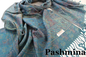 新品【Pashmina パシュミナ】ペイズリー柄 大判 ストール E.GREEN 緑 エメラルドグリーン系 Cashmere カシミア100%