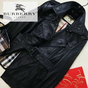 b43 美品　高級ラムレザー100% 参考価格20万●BURBERRY LONDON●最高級羊革〜高級トレンチコート バーバリーコート レディース M