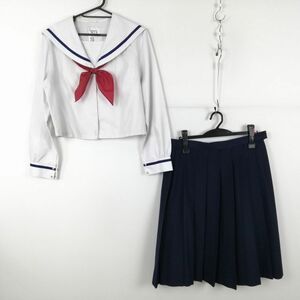 1円 セーラー服 スカート スカーフ 上下3点セット 170A 大きいサイズ 白2本線 女子 学生服 中学 高校 青 制服 中古 ランク:C NA4867