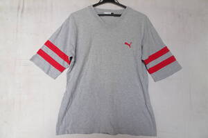 PUMA/プーマ/5分袖Tシャツ/半袖/Vネック/袖口赤2本ライン生地貼付け縫/スポーティー/カジュアル/ロゴししゅう/グレー杢/Mサイズ(8/26R)