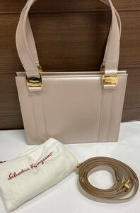 Salvatore Ferragamo ♪ 2way ハンドバッグ ショルダーバッグ シャンパンピンク 保存袋付 レトロ サルヴァトーレ フェラガモ