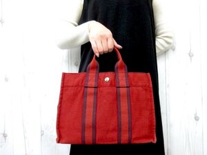 極美品 HERMES エルメス フールトゥPM ハンドバッグ トートバッグ キャンバス 赤 79400Y