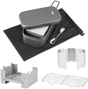 yETO アウトドア メスティン セット 硬質アルマイト加工 目盛り付き 6点 2合飯盒 ポケットストーブ 風除板 網 スプー