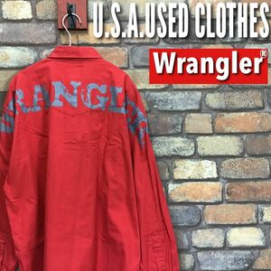 ★USA古着★レア＆正規品★【Wrangler ラングラー】特大ペンキ!!BIGロゴ ルビー色ボタン ウエスタンシャツ【海外L】赤 グレー 90′s K3-261