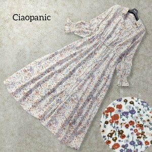 36 【Ciaopanic】 小花柄 ロングワンピース シャツワンピース М ホワイト 白 フラワー 総柄 ベルスリーブ 薄手 春夏 長袖 チャオパニック