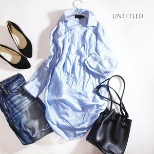 美品 アンタイトル UNTITLED 株) ワールド 夏 ほんのり艶 オーガンジー 薄手 サイドギャザー 七分袖 シャツ生地 ロングカットソー 2 水色