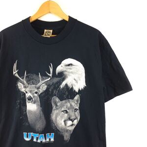 ビンテージ 90s【Bob bennett】自然動物フォト 写真家 Tシャツ USA製 M ユタ アニマル 3D UTAH HD 古着 アメカジ y2k 鷹 鹿 ピューマ 豹