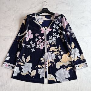 極美品★レオナール LEONARD★高級カンカン★チュニック丈カーディガン★美麗花柄★春の羽織り★ゆったり sizeL★濃紺