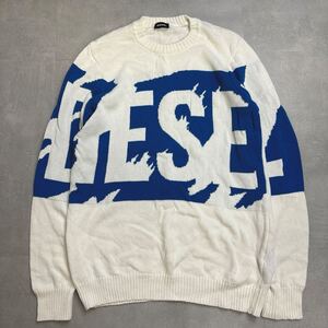 美品 DIESEL ディーゼル ニット セーター ロゴ ビッグロゴ ツートーン コットンニット ホワイト ブルー イタリア製 Mサイズ 伸縮性