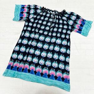 1443◎ tsumori chisato SLEEP ツモリチサト トップス ワンピース ミニ丈 半袖 透け感 総柄 カジュアル レディースM