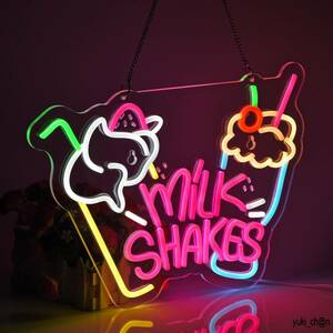 ネオンサイン MILK SHAKES 41x30cm 多階段調光可 LED ドリンク専門店 カフェ屋看板 洋食店舗インテリア 喫茶店 ミルクセーキ店