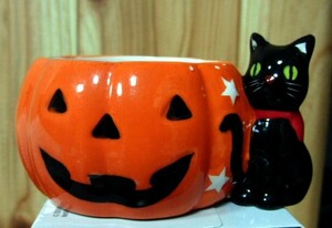 ハロウィン　プリンカップ　かぼちゃ＆黒ねこ　陶器　置物　