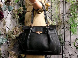 ●超美品●Salvatore Ferragamo フェラガモ●ガンチーニ●ステッチ●カーフ レザー 本革●ショルダー バッグ●黒●G金具●B5 収納●Js53731