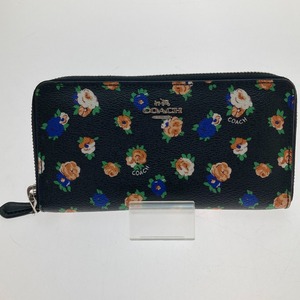 □□ COACH コーチ ラウンドファスナー長財布 花柄 F57649 ブラック やや傷や汚れあり